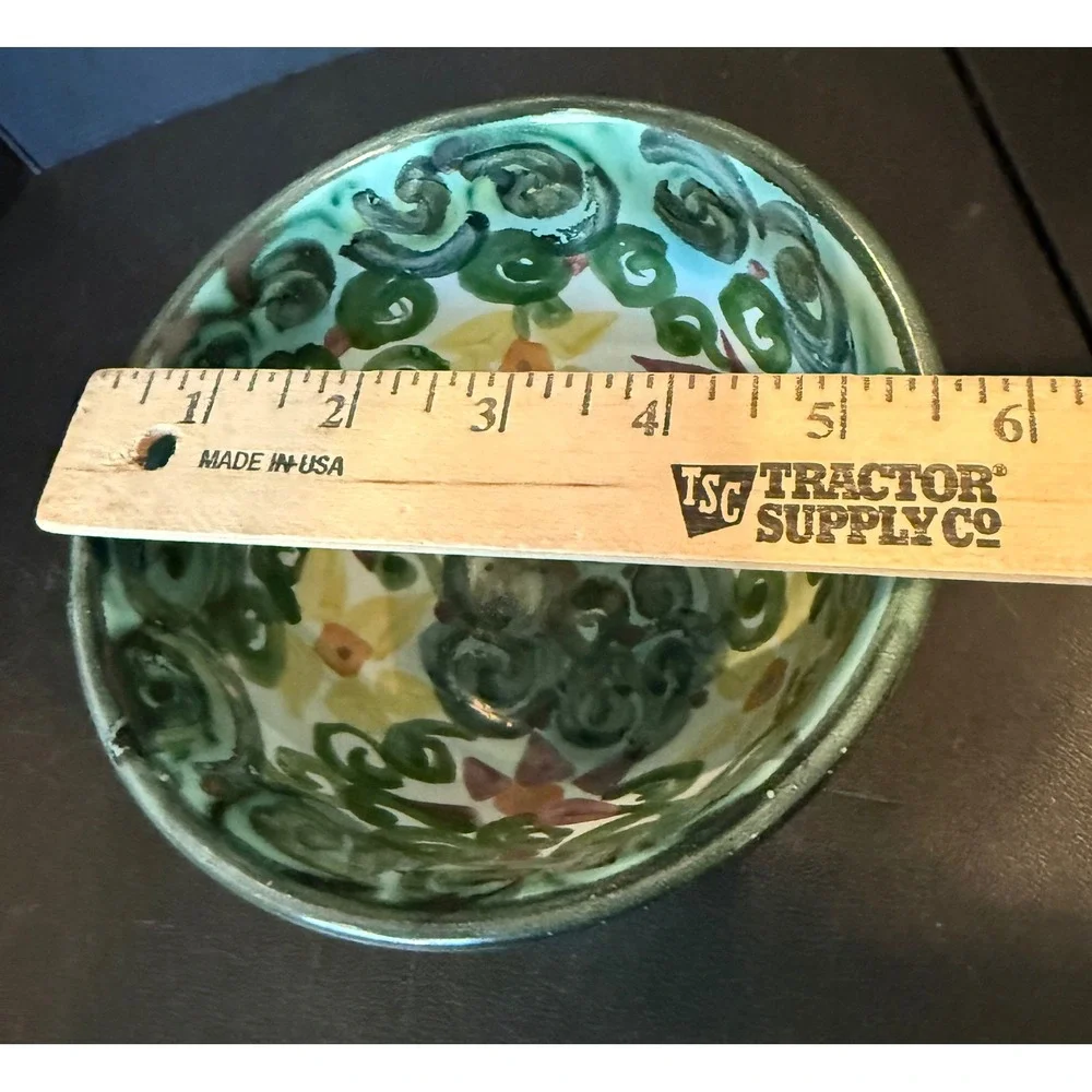 Studio Art Pottery Decorative Bowl Teal Hand Painted Floral Signed Cottage